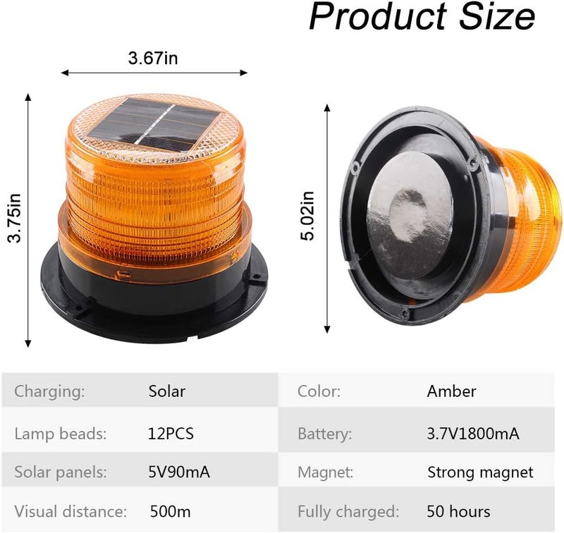 Sidaqi Solar-Energy LED Beacon Strobe Light 12V Amber with Magnetic Base - Image 2