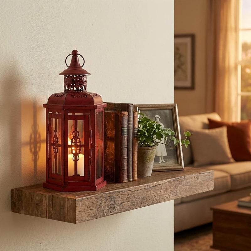 JHY DESIGN مصباح شموع تزييني من تصميم JHY، ارتفاعه 10 بوصات، بستيل عتيق، مع حامل شموع معدني، مناسب للأحداث الداخلية والخارجية، المناسبات الرسمية، وحفلات الزفاف (لون أحمر مع طلاء أسود بفرشاة). - Image 2