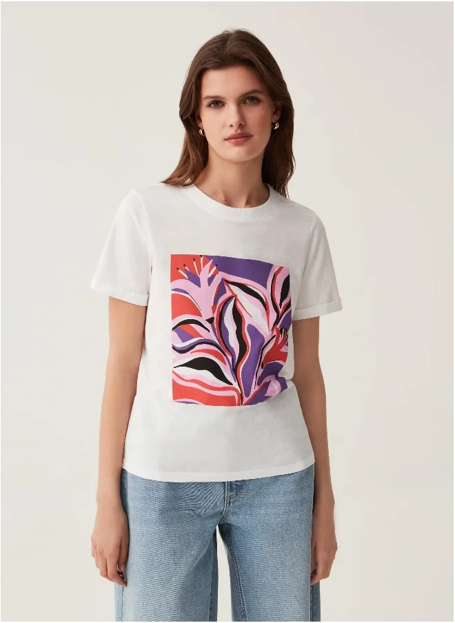 او في اس Ovs T-Shirt In Cotton With Foliage Print