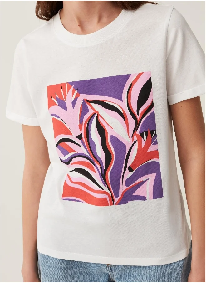 او في اس Ovs T-Shirt In Cotton With Foliage Print