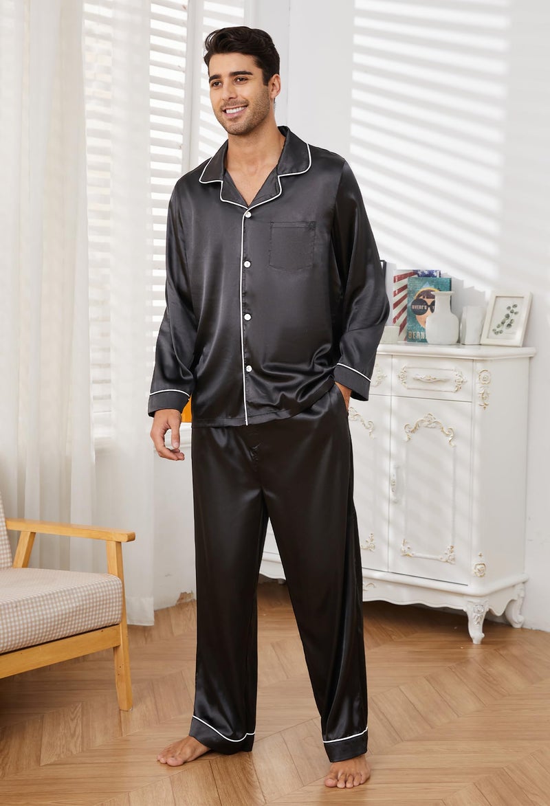 U2SKIIN Mens Silk Pajamas Set, Long Sleeve Satin Pajamas for Men Sleepwear Button Down Pjs Set Two-piece(BLACK,L) - Image 3