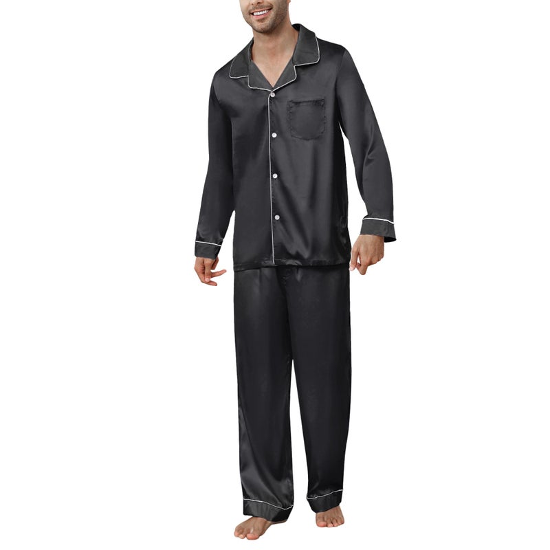 U2SKIIN Mens Silk Pajamas Set, Long Sleeve Satin Pajamas for Men Sleepwear Button Down Pjs Set Two-piece(BLACK,L) - Image 1