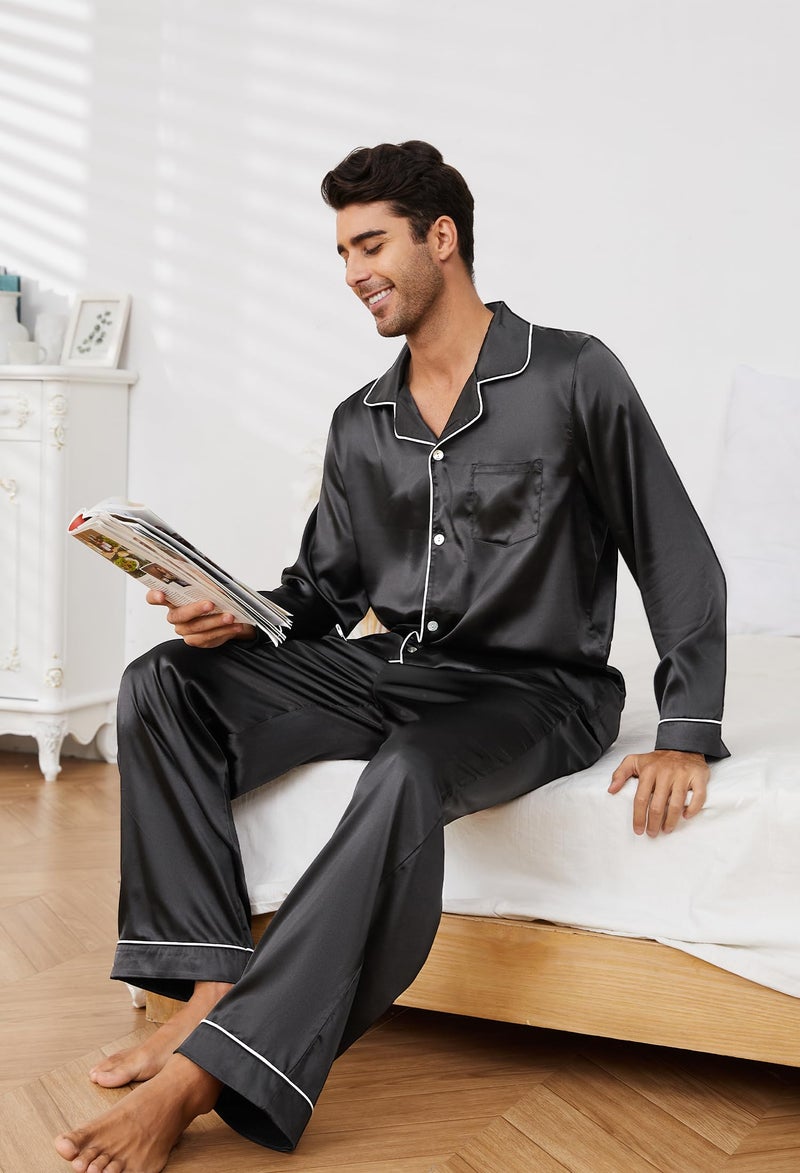 U2SKIIN Mens Silk Pajamas Set, Long Sleeve Satin Pajamas for Men Sleepwear Button Down Pjs Set Two-piece(BLACK,L) - Image 5