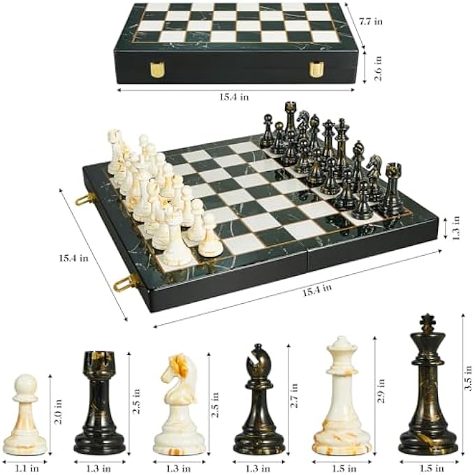 OUMODA 15 Large Chess Set for Adults Weighted Acrylic Pieces Including Extra 2 Queens 35 King wLeather Base Portable Folding Marbling Wooden Chess Board  TravelFamily Game  Elegant Gift - Image 3