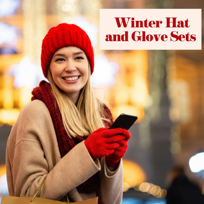 Sintege Womens Winter Beanie Hat Gloves Set Soft Knitted Lined Hat Stretchy Gloves Winter Warm Cap Gifts for Women Men(Red) - Image 2