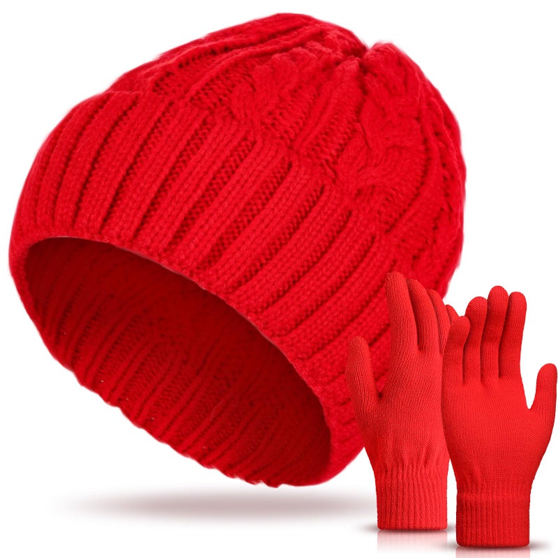 Sintege Womens Winter Beanie Hat Gloves Set Soft Knitted Lined Hat Stretchy Gloves Winter Warm Cap Gifts for Women Men(Red) - Image 1