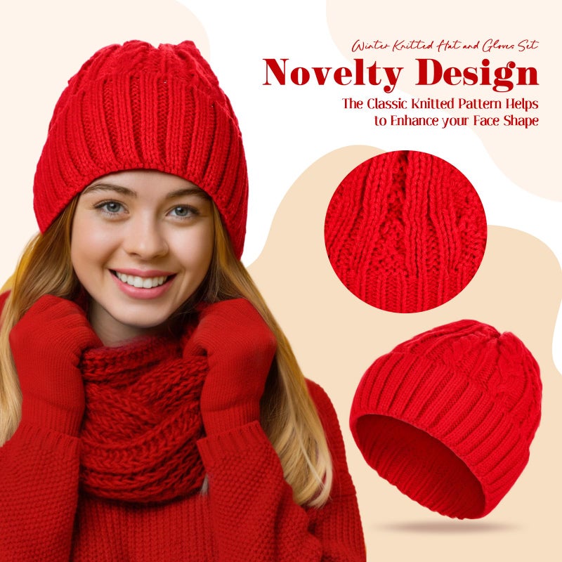 Sintege Womens Winter Beanie Hat Gloves Set Soft Knitted Lined Hat Stretchy Gloves Winter Warm Cap Gifts for Women Men(Red) - Image 4