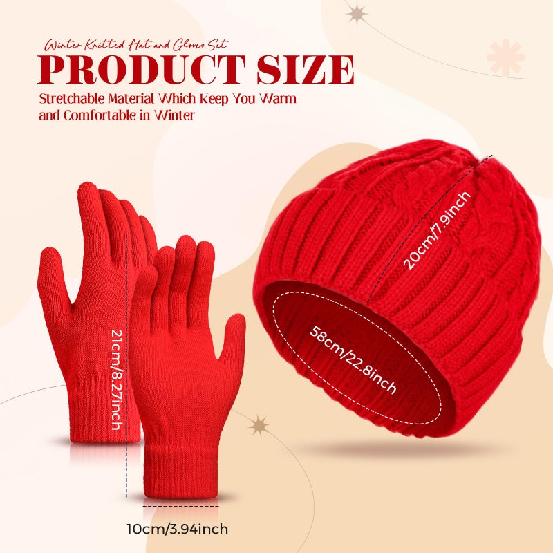 Sintege Womens Winter Beanie Hat Gloves Set Soft Knitted Lined Hat Stretchy Gloves Winter Warm Cap Gifts for Women Men(Red) - Image 5