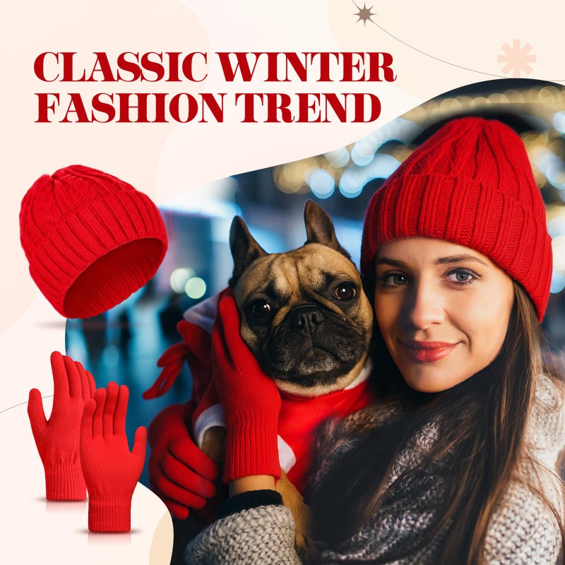 Sintege Womens Winter Beanie Hat Gloves Set Soft Knitted Lined Hat Stretchy Gloves Winter Warm Cap Gifts for Women Men(Red) - Image 3