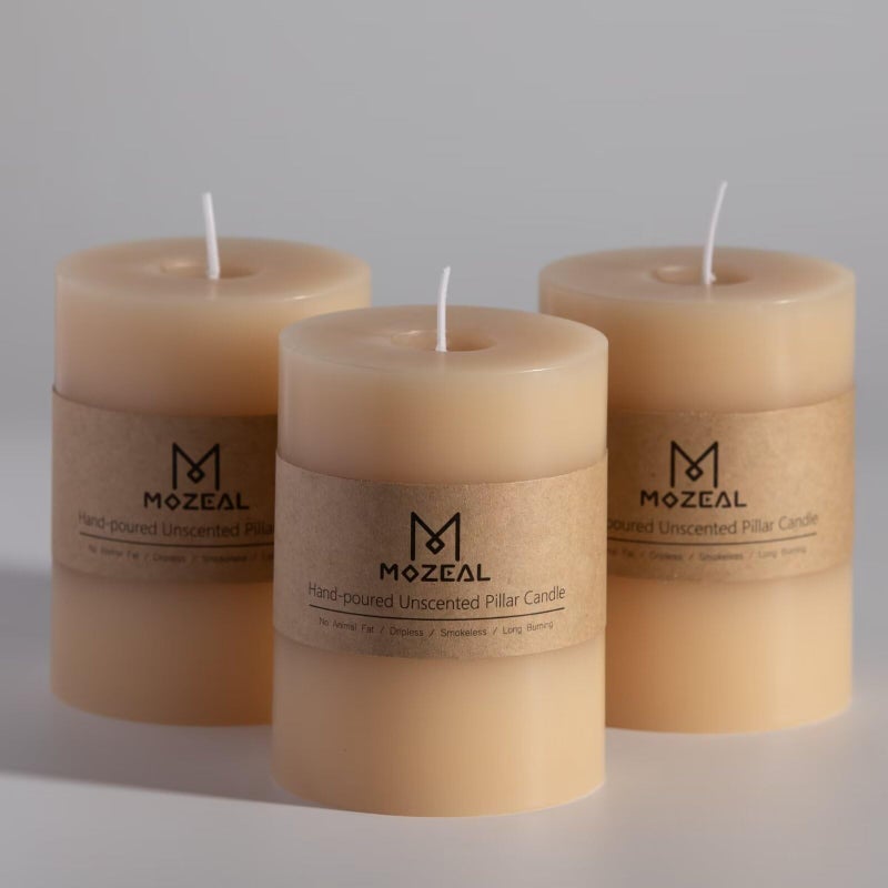 MOZEAL 3 x 4 HandPoured Unscented Beige Candle Dripless Off WhiteCream Pillar Candle Set of 3 Long Clean Burning Approx 72 Hours Burn Time Rustic Country Style Home Decor
