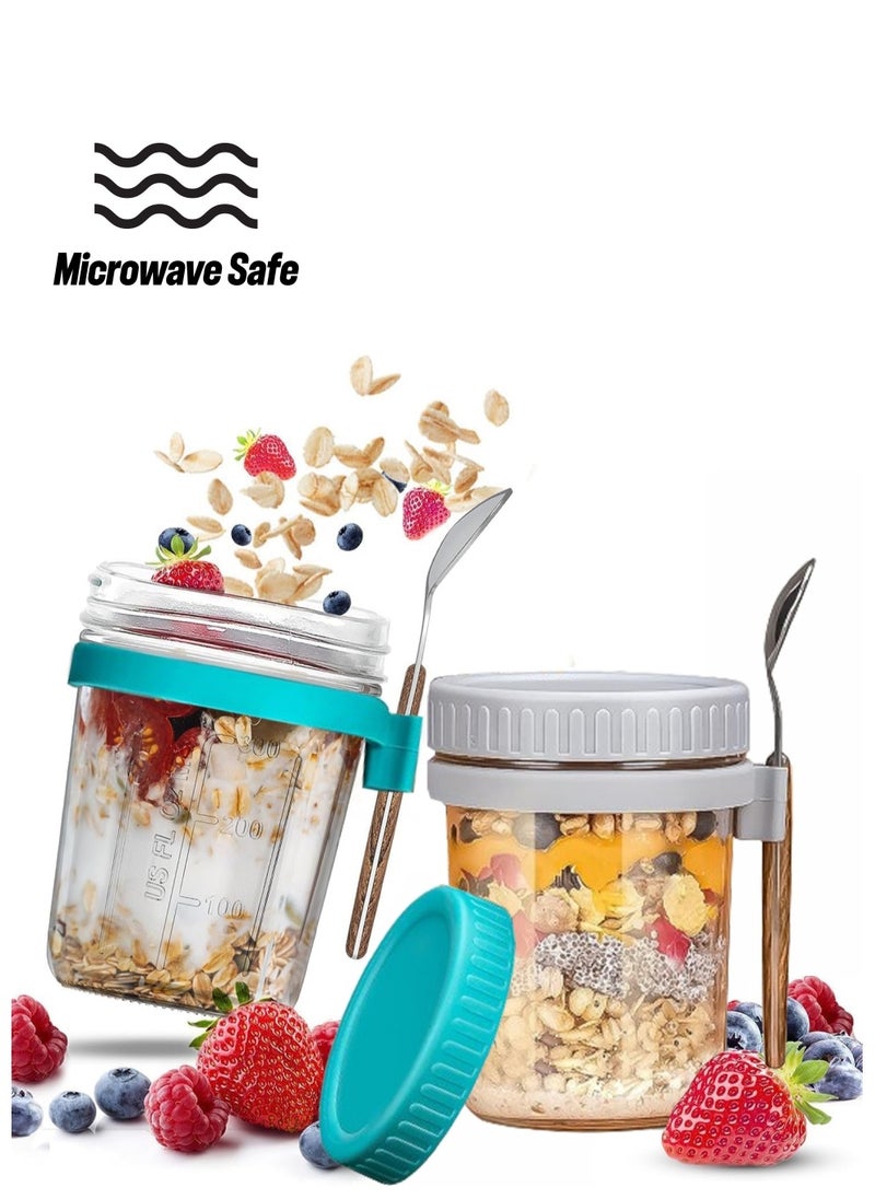 Generic - Overnight Oats Containers with Lid and Spoon 350ml Large Airtight Capacity Overnight Oats Jars with Measurement Marks Reusable On The Go Cups for Salads Yogurt Cereal Milk (green and grey) - Image 1