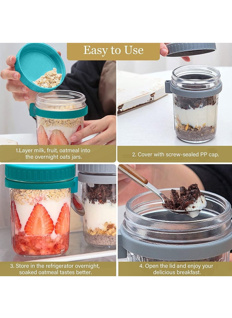 Generic - Overnight Oats Containers with Lid and Spoon 350ml Large Airtight Capacity Overnight Oats Jars with Measurement Marks Reusable On The Go Cups for Salads Yogurt Cereal Milk (green and grey) - Image 1