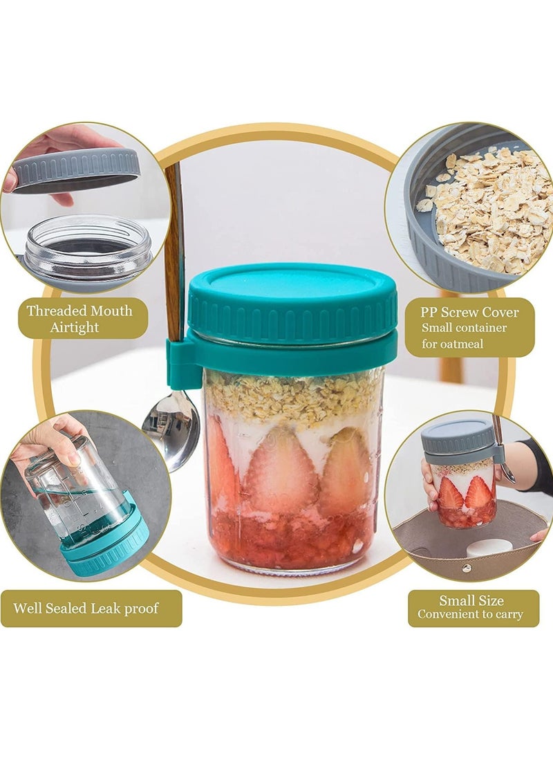 Generic - Overnight Oats Containers with Lid and Spoon 350ml Large Airtight Capacity Overnight Oats Jars with Measurement Marks Reusable On The Go Cups for Salads Yogurt Cereal Milk (green and grey) - Image 1