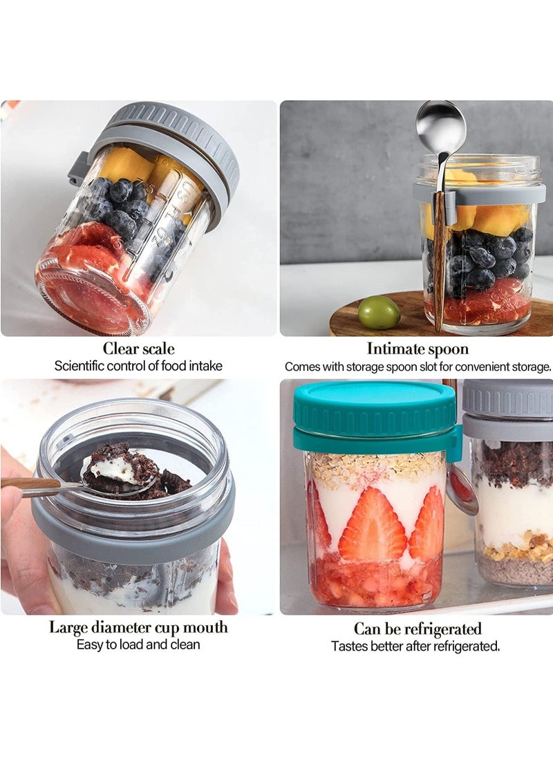 Generic - Overnight Oats Containers with Lid and Spoon 350ml Large Airtight Capacity Overnight Oats Jars with Measurement Marks Reusable On The Go Cups for Salads Yogurt Cereal Milk (green and grey) - Image 1