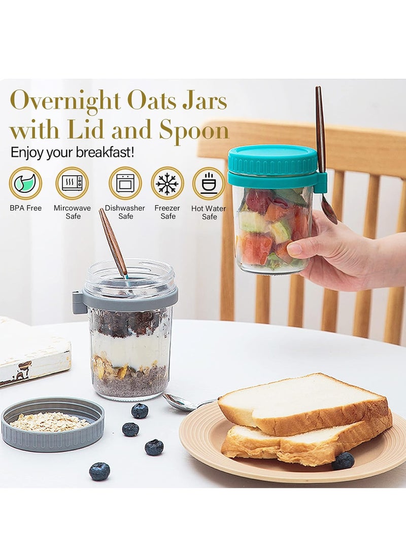Generic - Overnight Oats Containers with Lid and Spoon 350ml Large Airtight Capacity Overnight Oats Jars with Measurement Marks Reusable On The Go Cups for Salads Yogurt Cereal Milk (green and grey) - Image 1