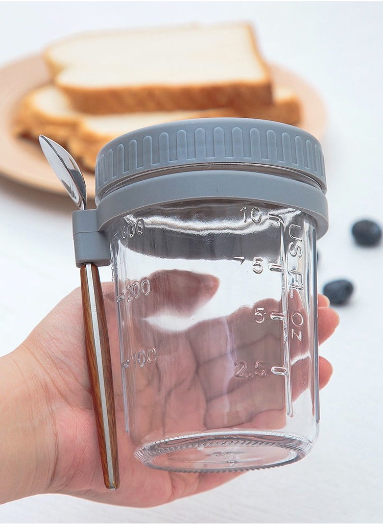 Generic - Overnight Oats Containers with Lid and Spoon 350ml Large Airtight Capacity Overnight Oats Jars with Measurement Marks Reusable On The Go Cups for Salads Yogurt Cereal Milk (green and grey) - Image 1