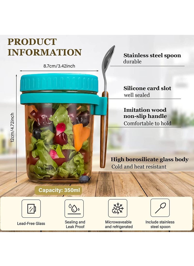 Generic - Overnight Oats Containers with Lid and Spoon 350ml Large Airtight Capacity Overnight Oats Jars with Measurement Marks Reusable On The Go Cups for Salads Yogurt Cereal Milk (green and grey) - Image 1