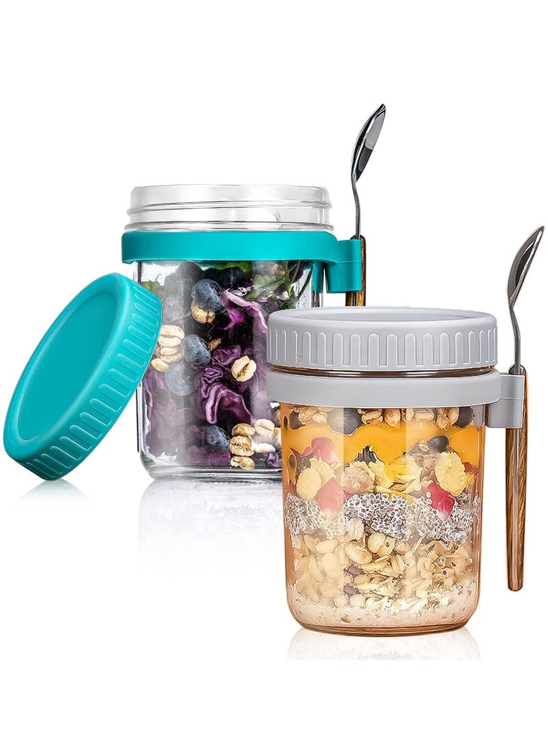 Generic - Overnight Oats Containers with Lid and Spoon 350ml Large Airtight Capacity Overnight Oats Jars with Measurement Marks Reusable On The Go Cups for Salads Yogurt Cereal Milk (green and grey) - Image 1