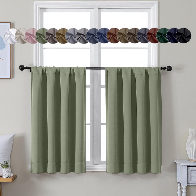Simplebrand Ava Sage Green Short 36 Inches Blackout Curtain 2 Panels Set, Half Window Rod Pocket Privacy Curtain Tiers for Kitchen, Curtains Blackout for Bathroom Shades, W40 x L36 Inch, Sage Green - Image 1