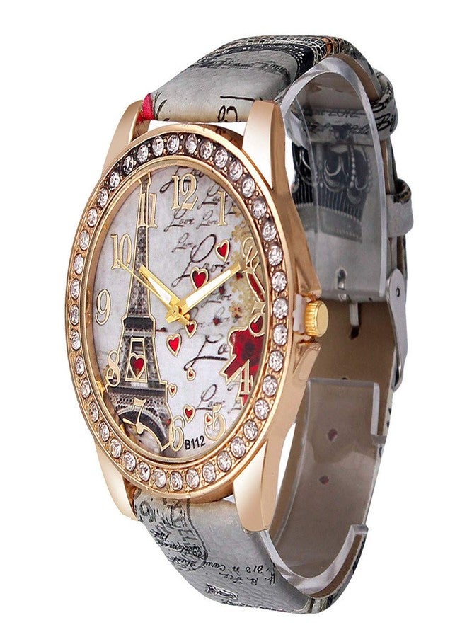 CdyBox Wholesale PU Leather Strap Watch Mother Day Gift Bling Rhinestone Accented Eiffel Tower Ladies Women Watches (Gray) - Image 1