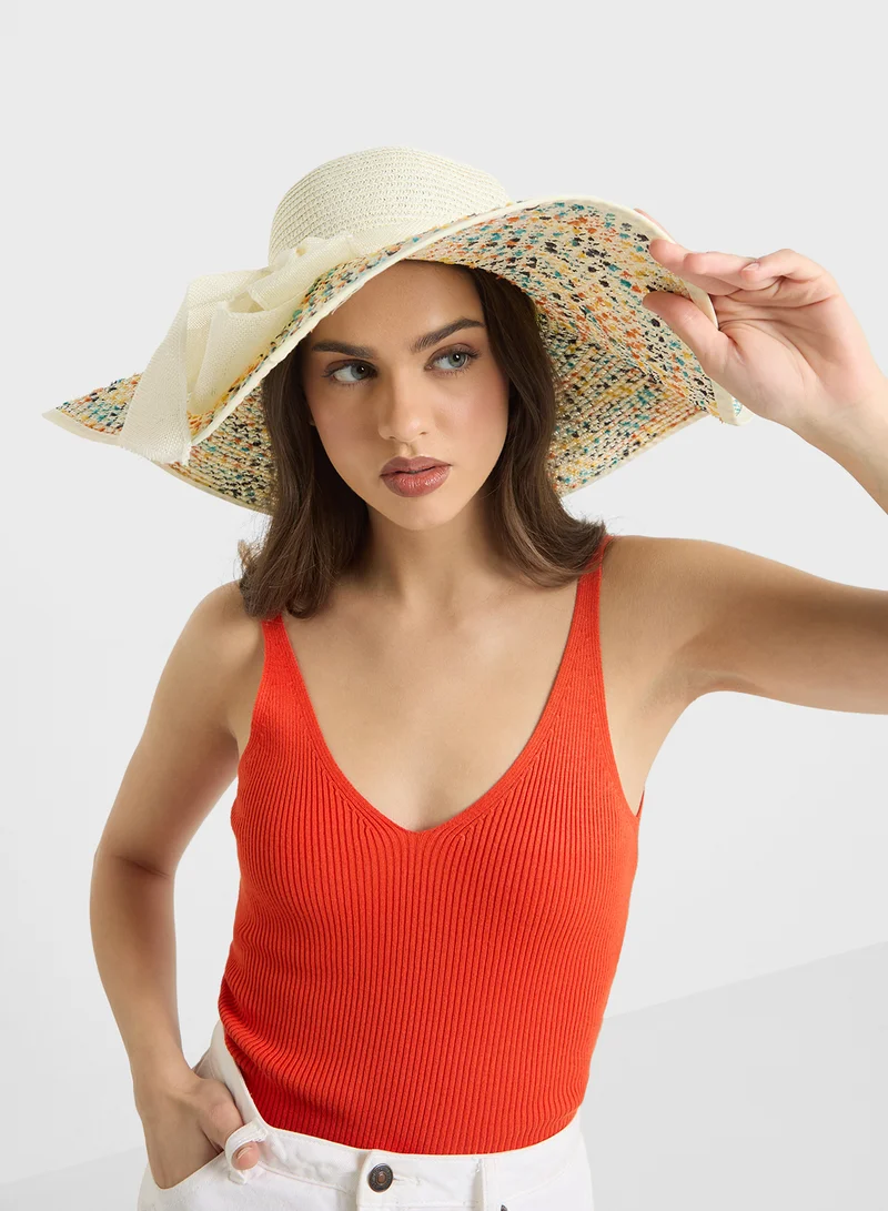 جينجر Confetti Raffia Wide Brim Hat With A Bow