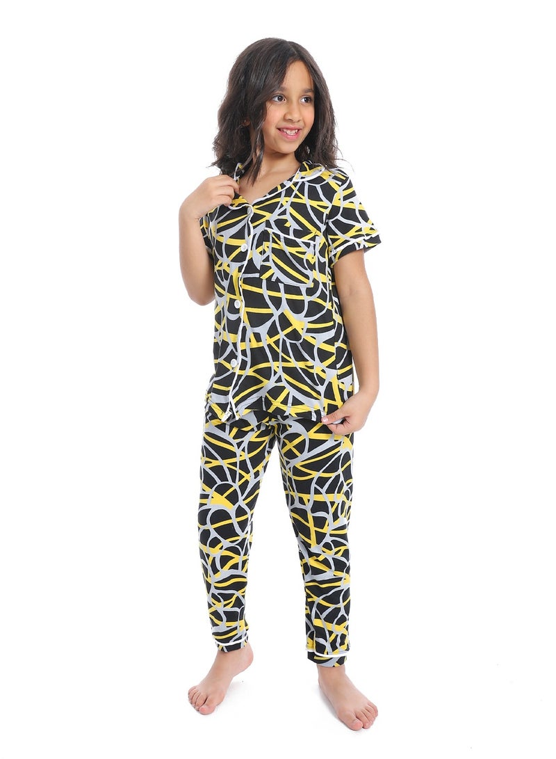 سيزار بيجامة بناتي نصف كم متعددة الألوان ومزودة بزراير من الأمام - Image 1