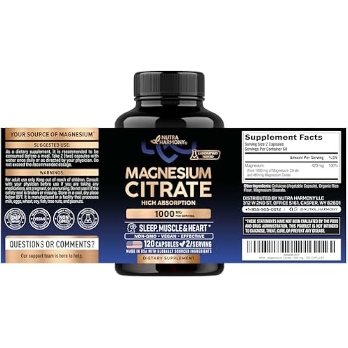 NUTRAHARMONY Magnesium Citrate Capsules 1000mg | High Absorption Supplement - Sleep, Muscle & Heart Support - Vegan | Non-GMO - Made in USA - As Powder | Pills | Tablets - 120 Capsules, 2 Month Supply - Image 2
