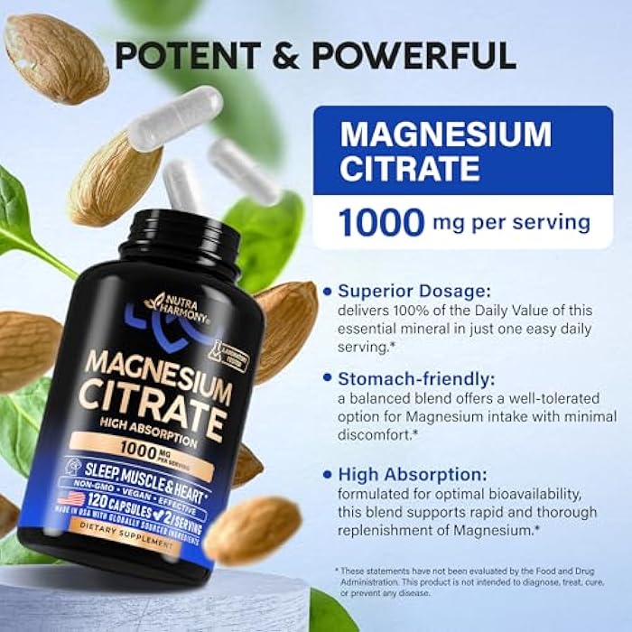 NUTRAHARMONY Magnesium Citrate Capsules 1000mg | High Absorption Supplement - Sleep, Muscle & Heart Support - Vegan | Non-GMO - Made in USA - As Powder | Pills | Tablets - 120 Capsules, 2 Month Supply - Image 4