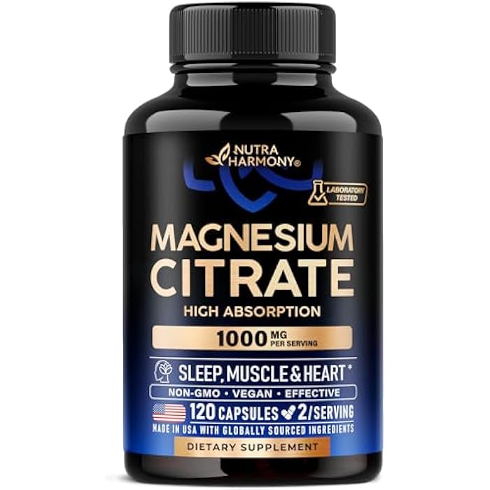 NUTRAHARMONY Magnesium Citrate Capsules 1000mg | High Absorption Supplement - Sleep, Muscle & Heart Support - Vegan | Non-GMO - Made in USA - As Powder | Pills | Tablets - 120 Capsules, 2 Month Supply - Image 1