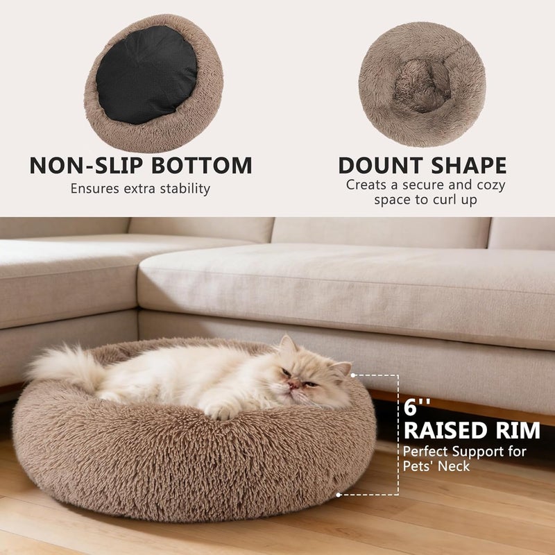 MIXJOY Calming Cat Bed - 20'' Donut Bed for Small Cats Up to 15lbs, Anti-Anxiety Plush Faux Fur, Washable (Brown) - Image 3