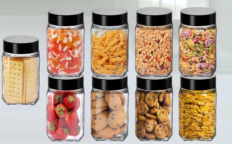 Brezzycloud Cubical Square 300ml Transparent Glass Jars & Containers for Kitchen, Cube Storage Glass Jar, 300 ml Each, Transparent Glass Jat with Black Color Plastic Airtight Lid (Set Of 9) - Image 1