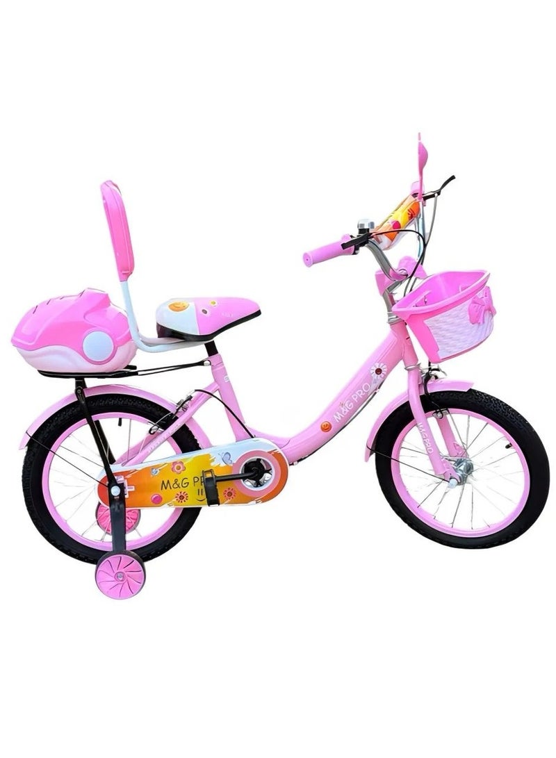 ام اند جي دراجة أطفال مقاس 16 بوصة مع سلة ومسند ظهر - دراجة تدريب وردية مع صندوق تخزين للبنات - Image 1