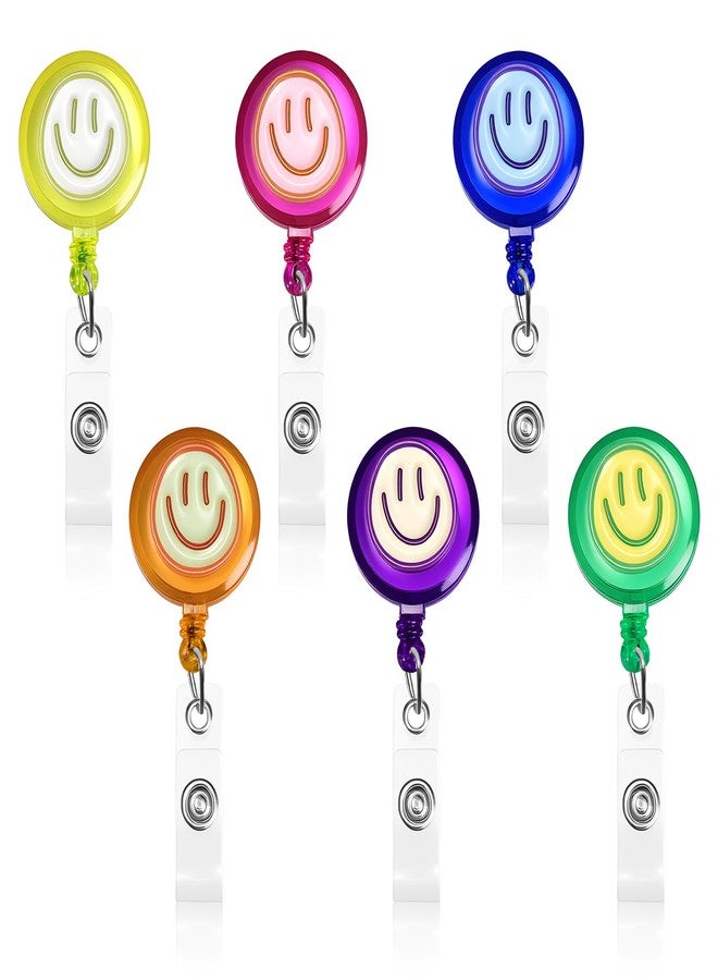 Eunoir 6Pcs Colorful Neon Happy Faces Badge Reel, Cute Work Badge Holder with Retractable Clip, Nurse Accessories Name Tag ID Clip Holder for Office School Hospital Teacher - Image 1
