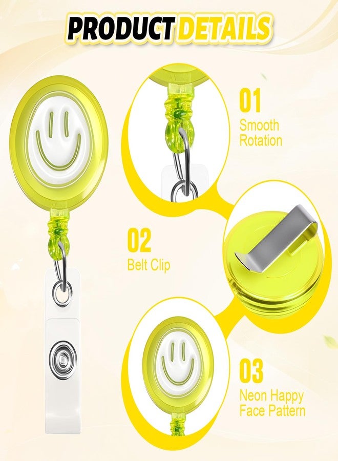 Eunoir 6Pcs Colorful Neon Happy Faces Badge Reel, Cute Work Badge Holder with Retractable Clip, Nurse Accessories Name Tag ID Clip Holder for Office School Hospital Teacher - Image 3