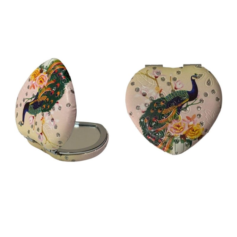 Cute Compact Heart Design Metal and Glass Mirror with Stones 2x1 Magnification for Makeup and Bags for Women  - Image 1
