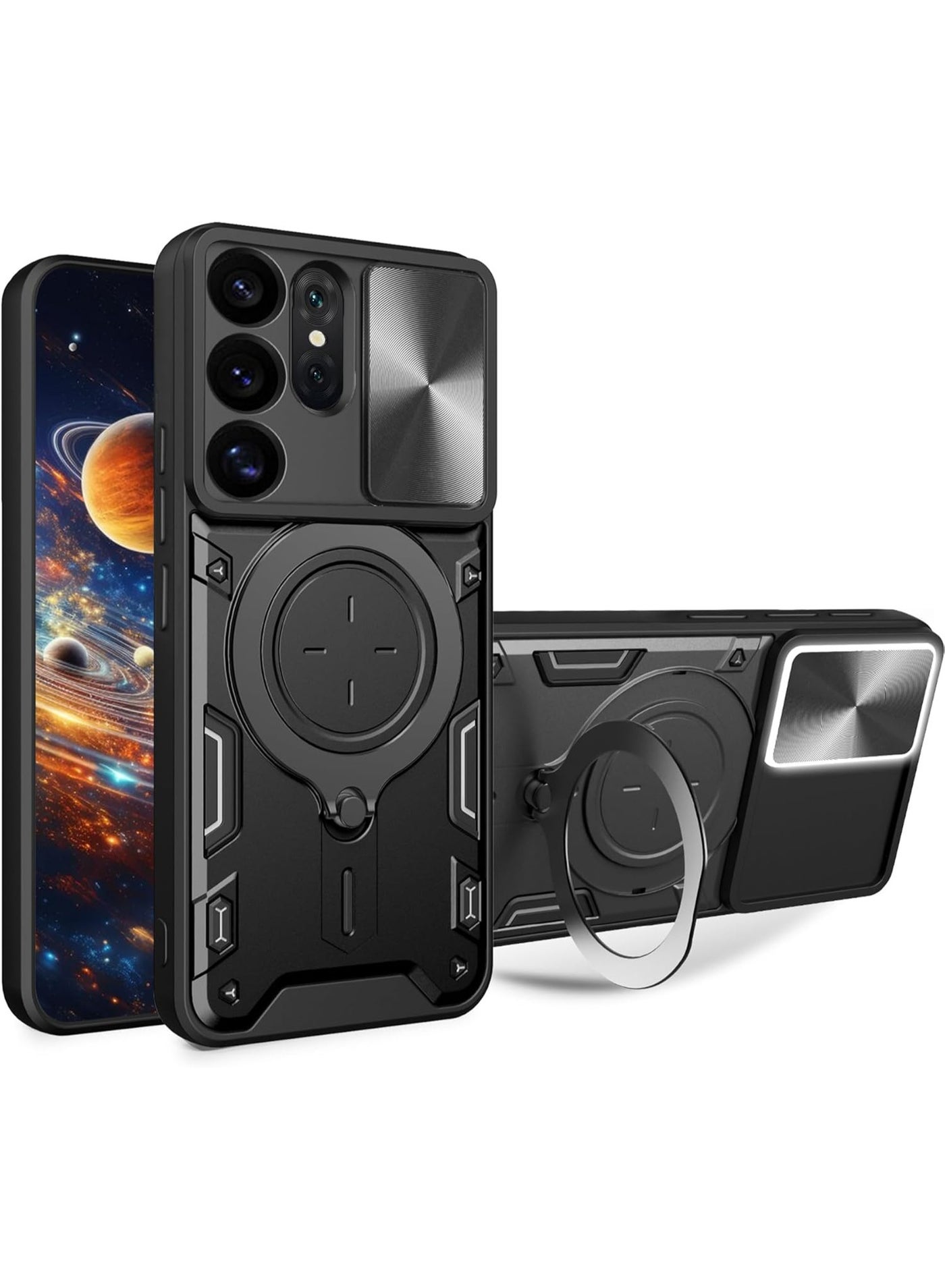 QIRG Armor Case for Samsung Galaxy S26 Ultra with Slide Camera Cover, Grade Shockproof Case with Rotatable Big Ring Kickstand