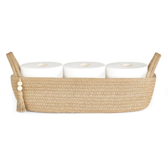 SMALL STORAGE BASKET FOR TOILET TANK TOP BOHO BATHROOM DECOR WOVEN ROPE TOILET PAPER TRAY ORGANIZER FOR SHELF BEDROOM LIVING ROOM JUTE 1 PACK 157 L X 6 W