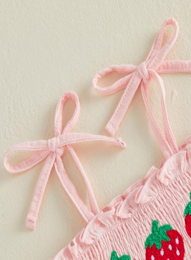 Socutebabe ملابس صيفية للبنات الصغيرات من Socutebabe، بلوزة بدون أكمام من الموسلين، بنطال مكشكش، مقاسات 6، 9، 12، 18 شهرًا، 2، 3، 4، 5 سنوات، طقم أطفال لطيف (لون وردي فراولة، 2-3 سنوات) - Image 5