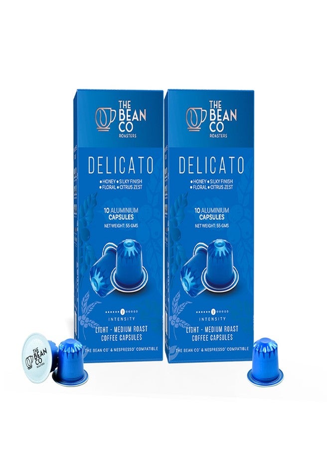 THE BEAN CO كبسولات قهوة ديليكاتو من الألومنيوم من ذا بين كو روستر | درجة التحميص 7 | ناعمة ورقيقة | تحميص خفيف إلى متوسط | أرابيكا فاخرة | عبوة من 2 - كبسولات قهوة متوافقة مع نسبريسو - Image 1