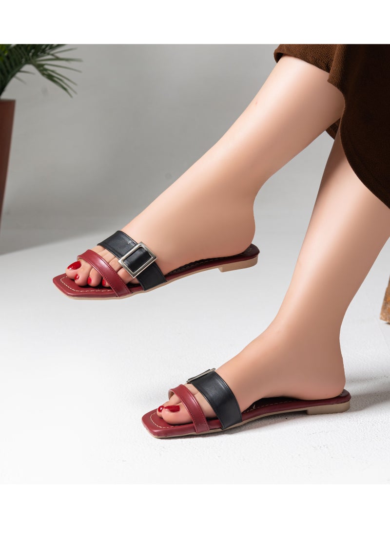 شبشب فلات جلد بشريط SL-212 - اسود-نبيتي