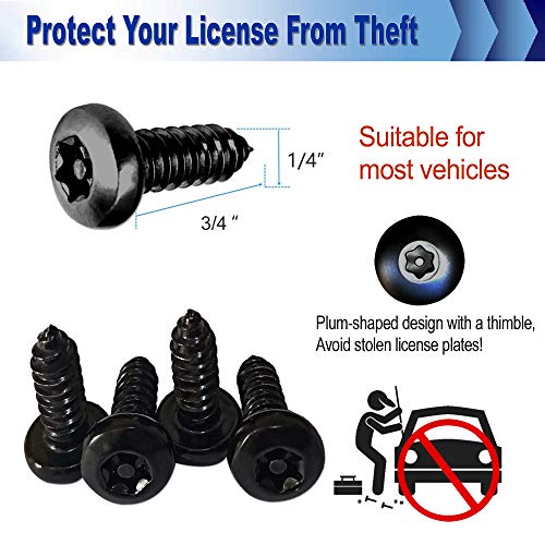 AOOTF Black Anti Theft License Plate Screws - Stainless Steel Mounting Hardware Kit for Front/Rear, M6 Security Screws, Caps, Plug-in Fasteners, Rattle Proof Pads - Image 2