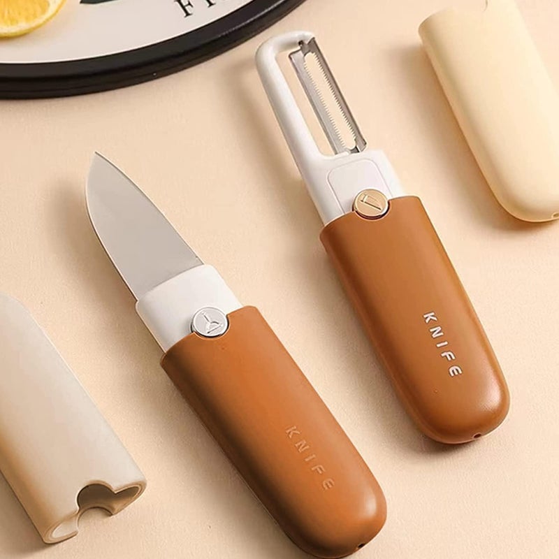 DHULI Multi Functional 2 in 1 Stainless Steel Portable Kitchen Knife Peeler for Travel Fruit and Potato Vegetable, Peeling Tool with Cover Suitable for Outdoor Camping Hiking - Image 3