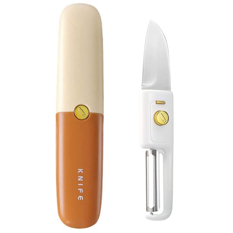 DHULI Multi Functional 2 in 1 Stainless Steel Portable Kitchen Knife Peeler for Travel Fruit and Potato Vegetable, Peeling Tool with Cover Suitable for Outdoor Camping Hiking - Image 1