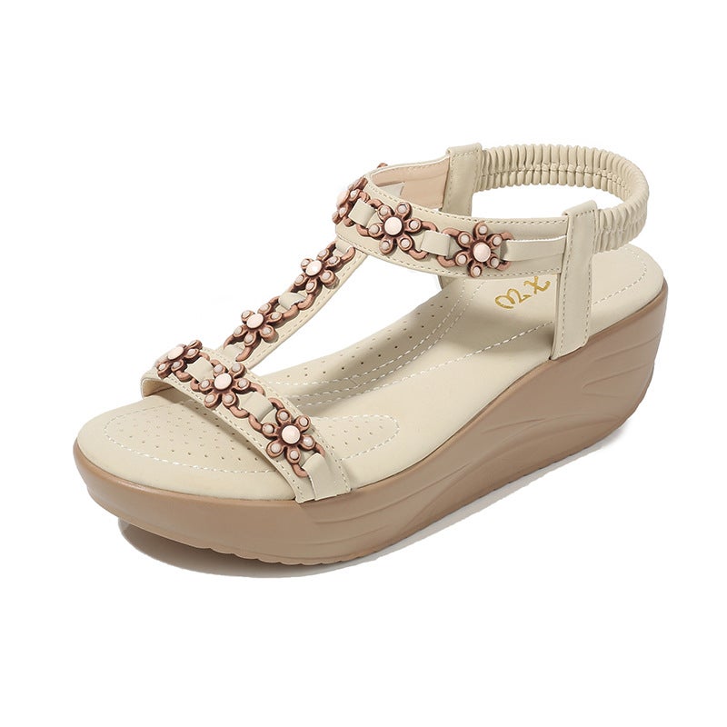 2023 Elastic Wedge Sandals Fashion Womens Flat Apricot 