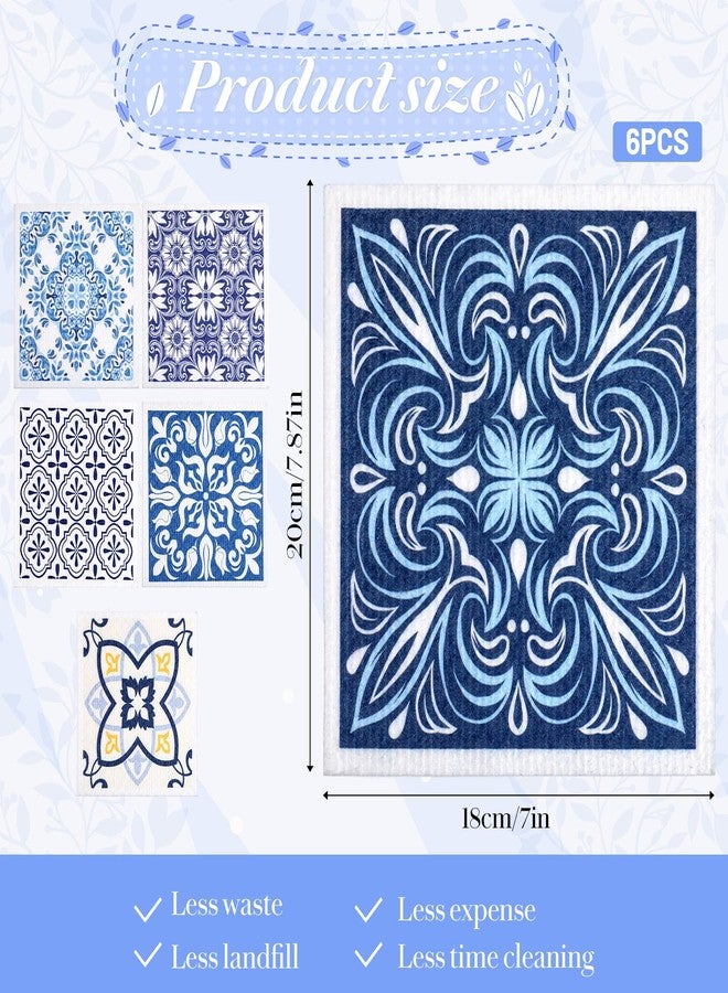 ElevateTech 6Pcs Swedish Dishcloths for Kitchen, Reusable Absorbent Hand Towels Cute Pattern Decorate Washable for Cooking Kitchen Home Decoration Housewarming Gift Blue - Image 2