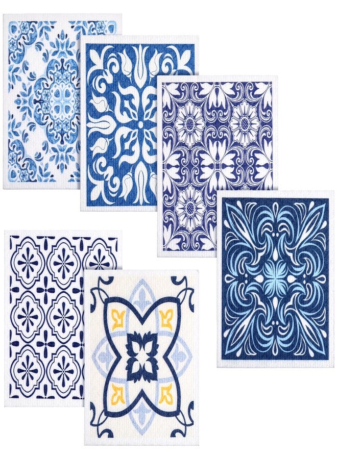 ElevateTech 6Pcs Swedish Dishcloths for Kitchen, Reusable Absorbent Hand Towels Cute Pattern Decorate Washable for Cooking Kitchen Home Decoration Housewarming Gift Blue - Image 1