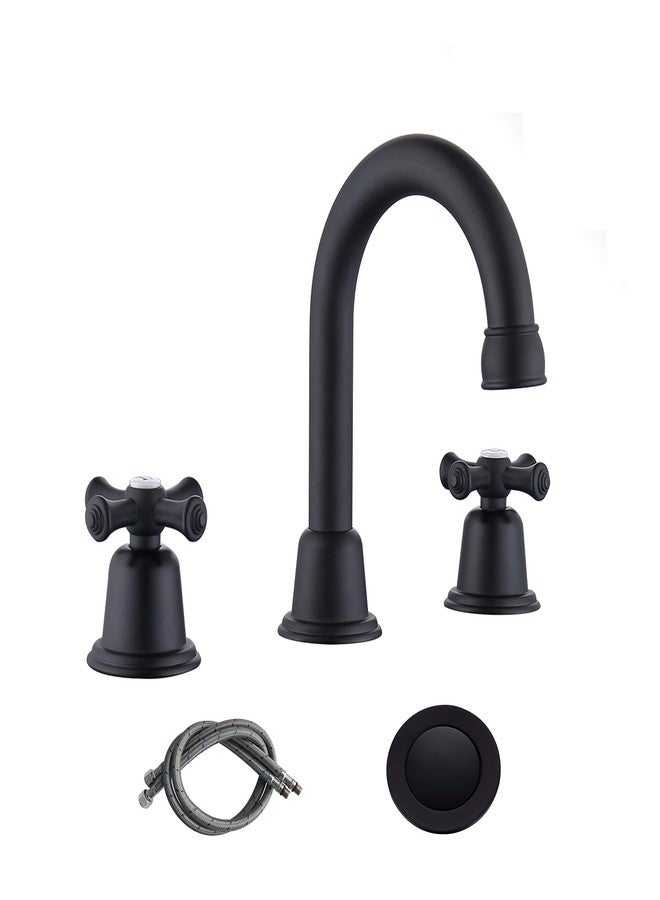 RKF Bathroom Faucets for Sink 3 Hole Matt Black 8 inch Widespread Bathroom Sink Faucet with Drain 2 Handles Cross Knobs Faucet Vanity Faucet Basin Mixer Tap with Hose & Deck CWF039-MB - Image 1