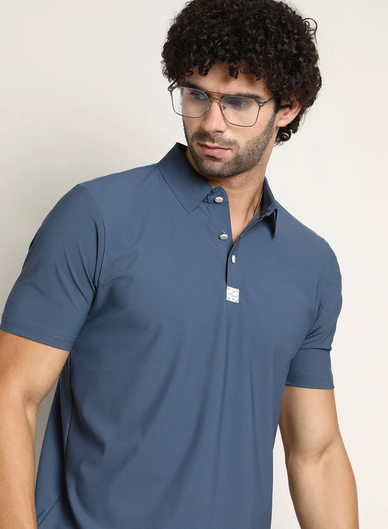 CAHOOT Men's Steel Blue Seamless Waffle Polo T-Shirt For Casual Wear | Polo Neck | Short Regular Sleeves | Half-Button Closure | T-Shirt Crafted With Comfort Fit For Everyday Wear