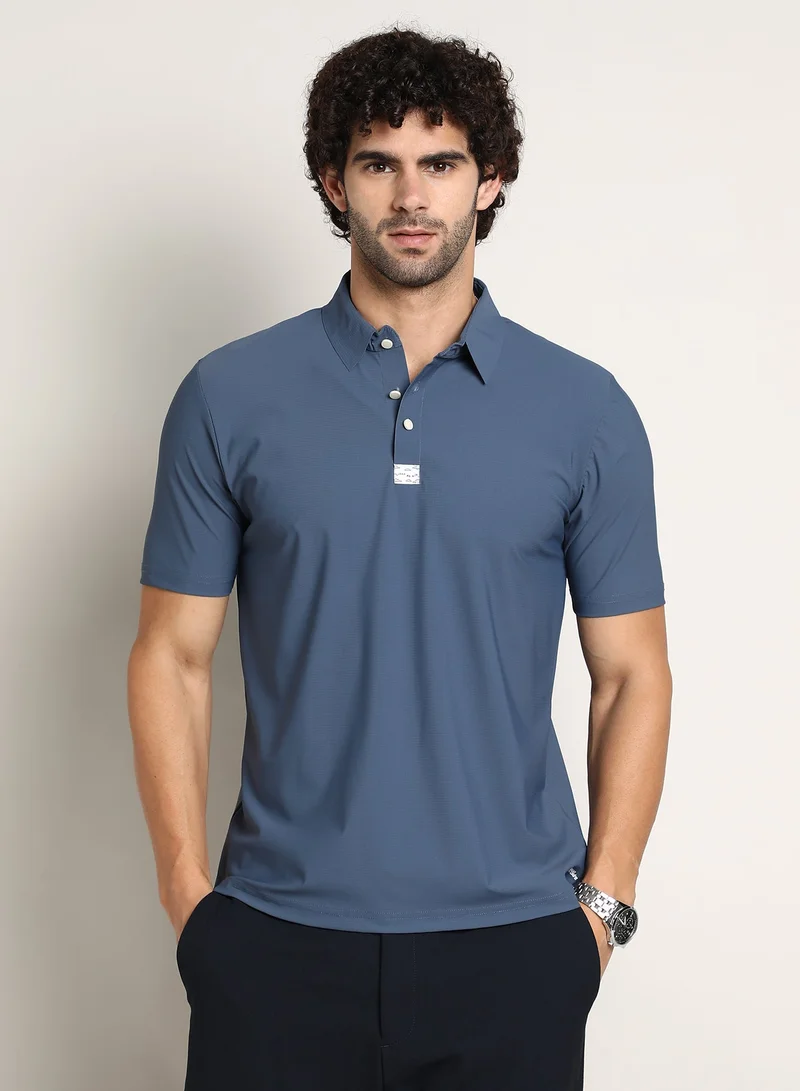 CAHOOT Men's Steel Blue Seamless Waffle Polo T-Shirt For Casual Wear | Polo Neck | Short Regular Sleeves | Half-Button Closure | T-Shirt Crafted With Comfort Fit For Everyday Wear