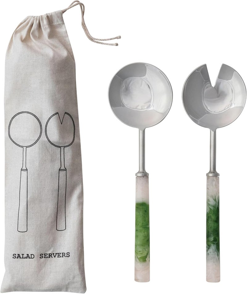 Creative CoOp 2Piece Stainless Steel Salad Servers Green and White - Image 1